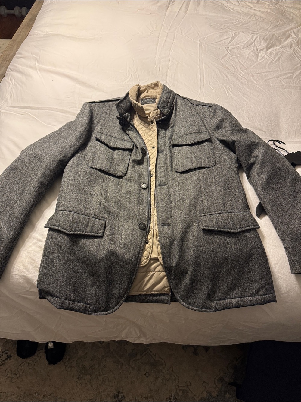 Corneliani Gray Wool Military Field Jacket with Cream Quilted Lining